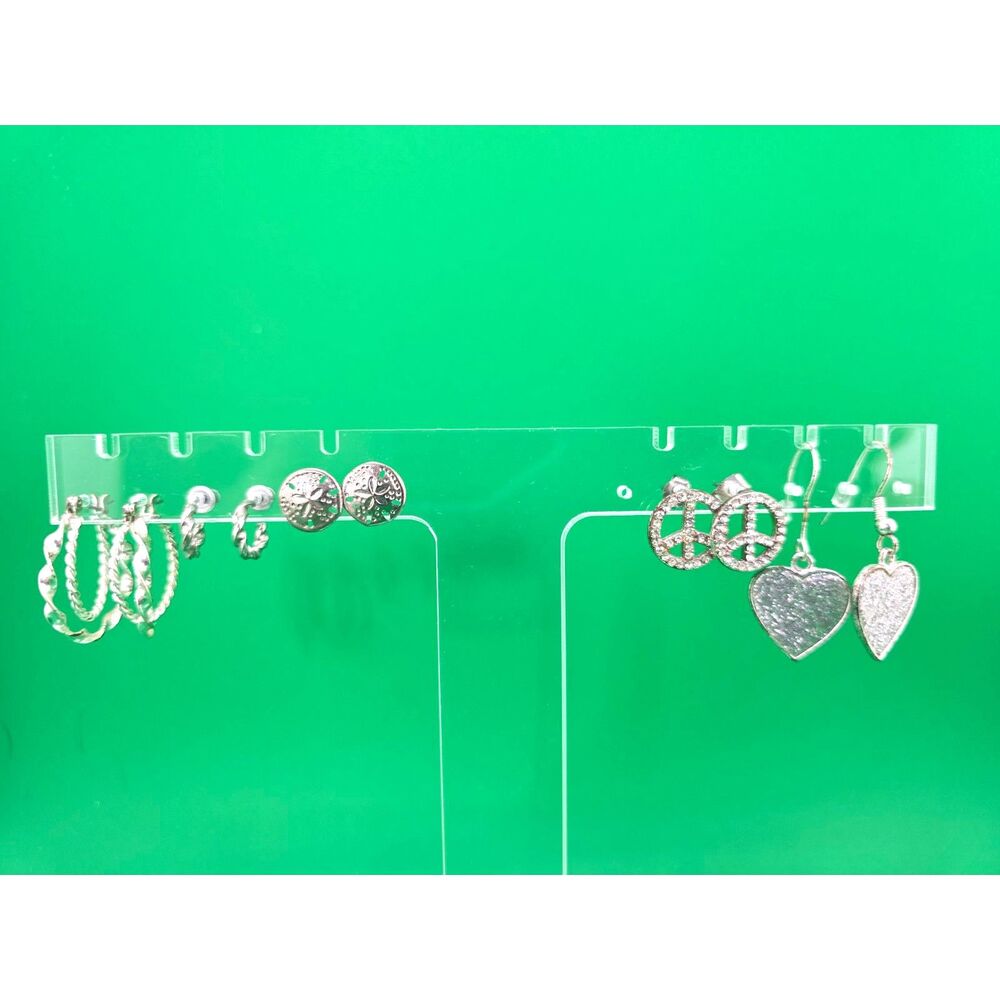 Silver Tone Earrings Lot X 5 Pairs Small Pierced Hearts Hoops Peace Sign Studs